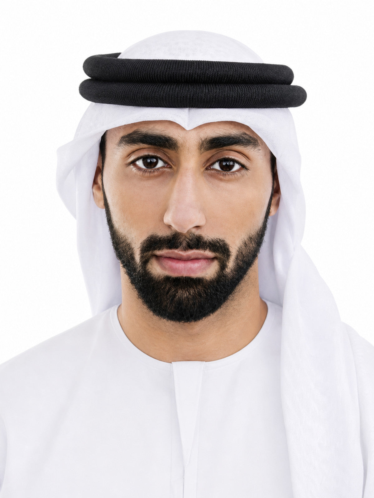 White fabric headscarf with a double black agal, shown in a close-up front portrait on a male model