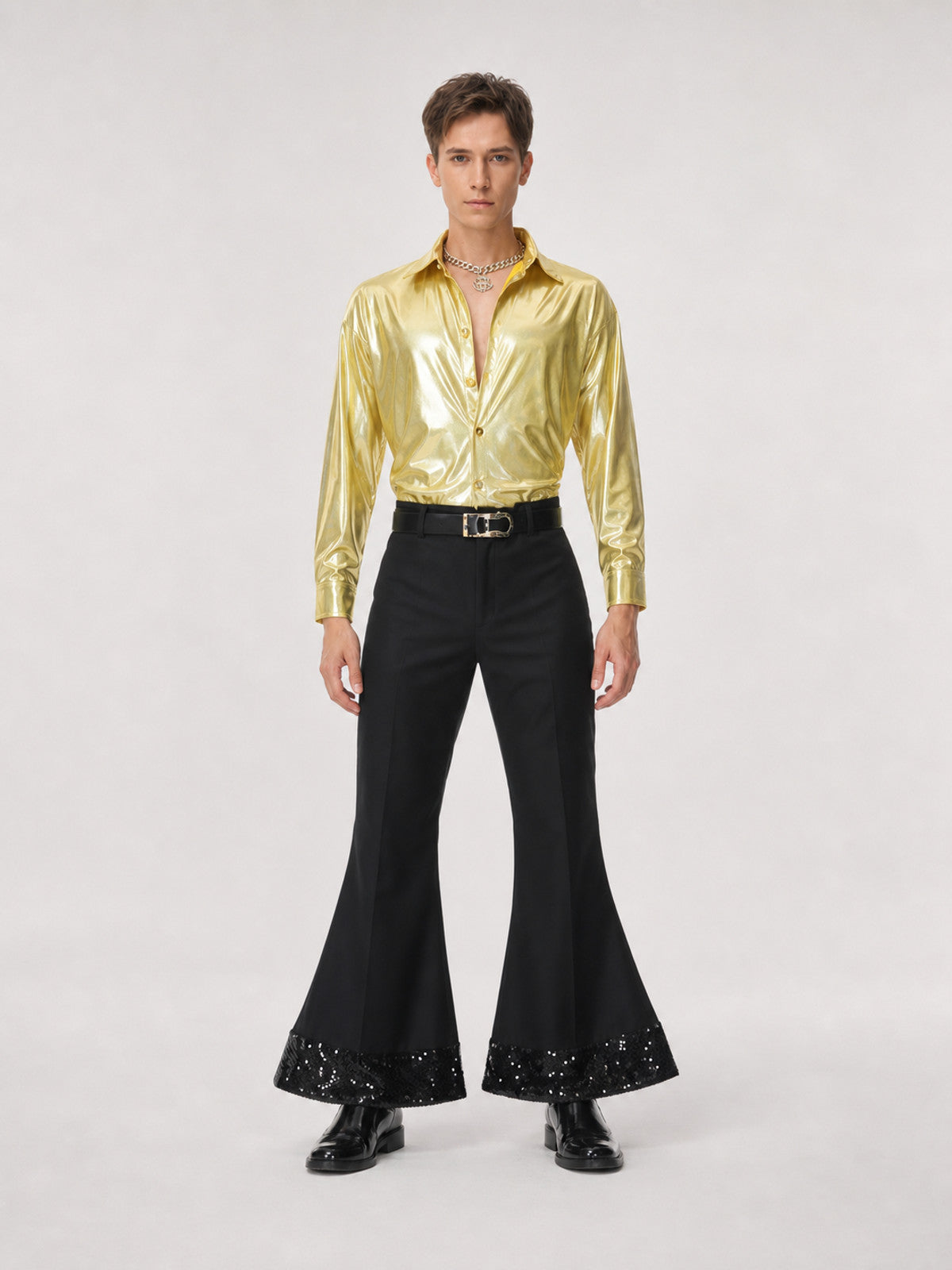 1970s Retro Disco Costume, Shirt and Pants on-model view