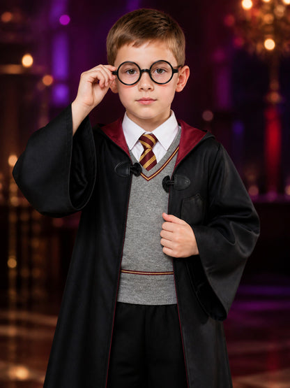 Children's Wizard Costume Set With Hooded Robe, Vest, Pants And Glasses on-model view