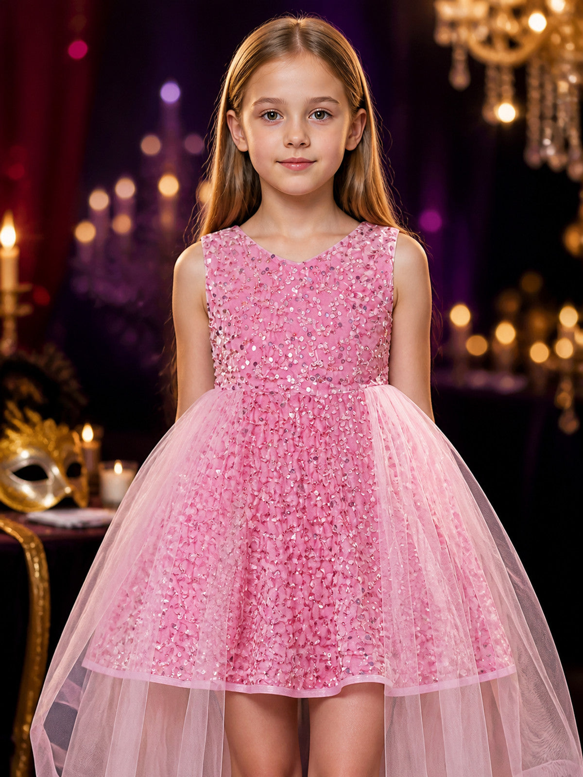 Girls' Pink Sequined Tulle Train Princess Dress, Sleeveless Flower Girl Gown on-model view