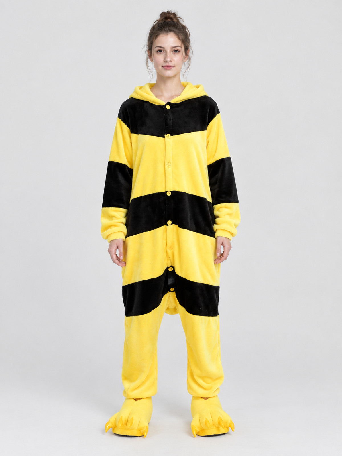 Yellow and Black Striped Hooded Pajama Jumpsuit