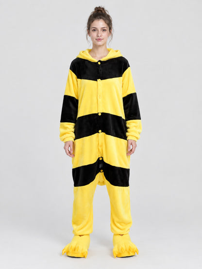 Yellow and Black Striped Hooded Pajama Jumpsuit