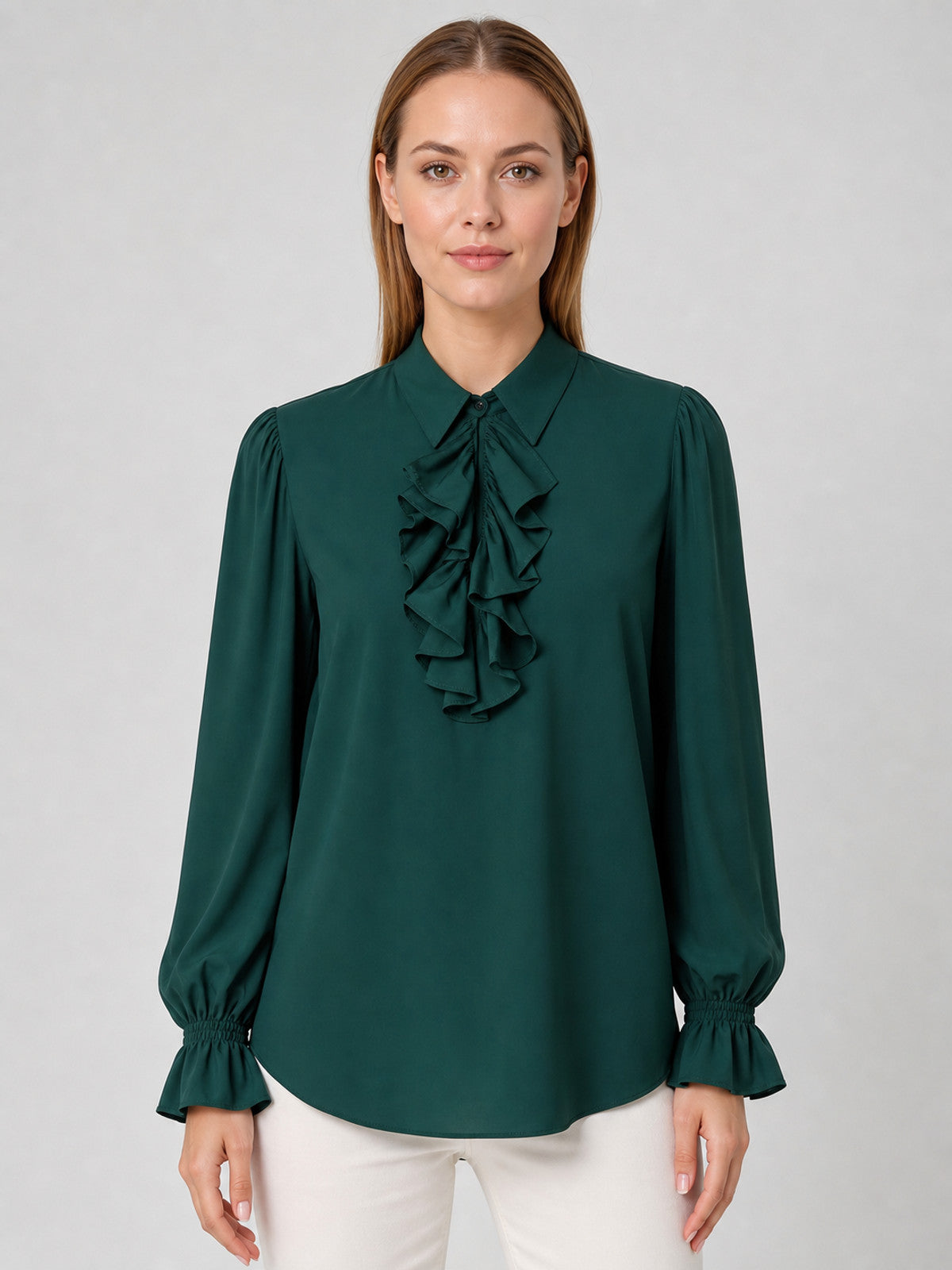 Vintage Ruffled Blouse, Dark Green on-model view