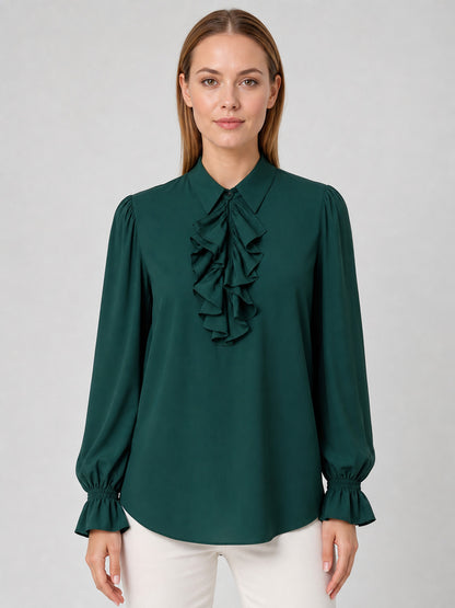 Vintage Ruffled Blouse, Dark Green on-model view