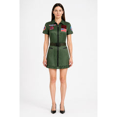 Women's pilot dress with U.S. flag, patches, and zipper, green