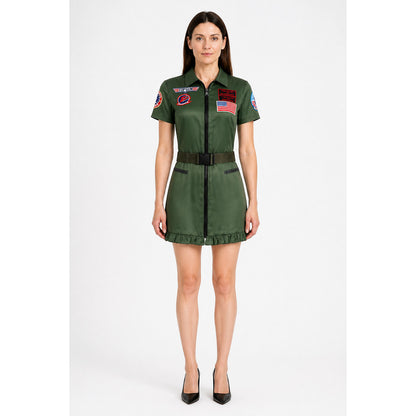 Women's pilot dress with U.S. flag, patches, and zipper, green main product view