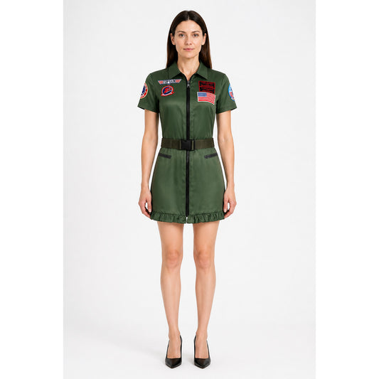 Women's pilot dress with U.S. flag, patches, and zipper, green main product view