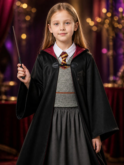 Children's Gryffindor-Themed Wizard Costume Set with Hooded Robe, Vest, Skirt on-model view