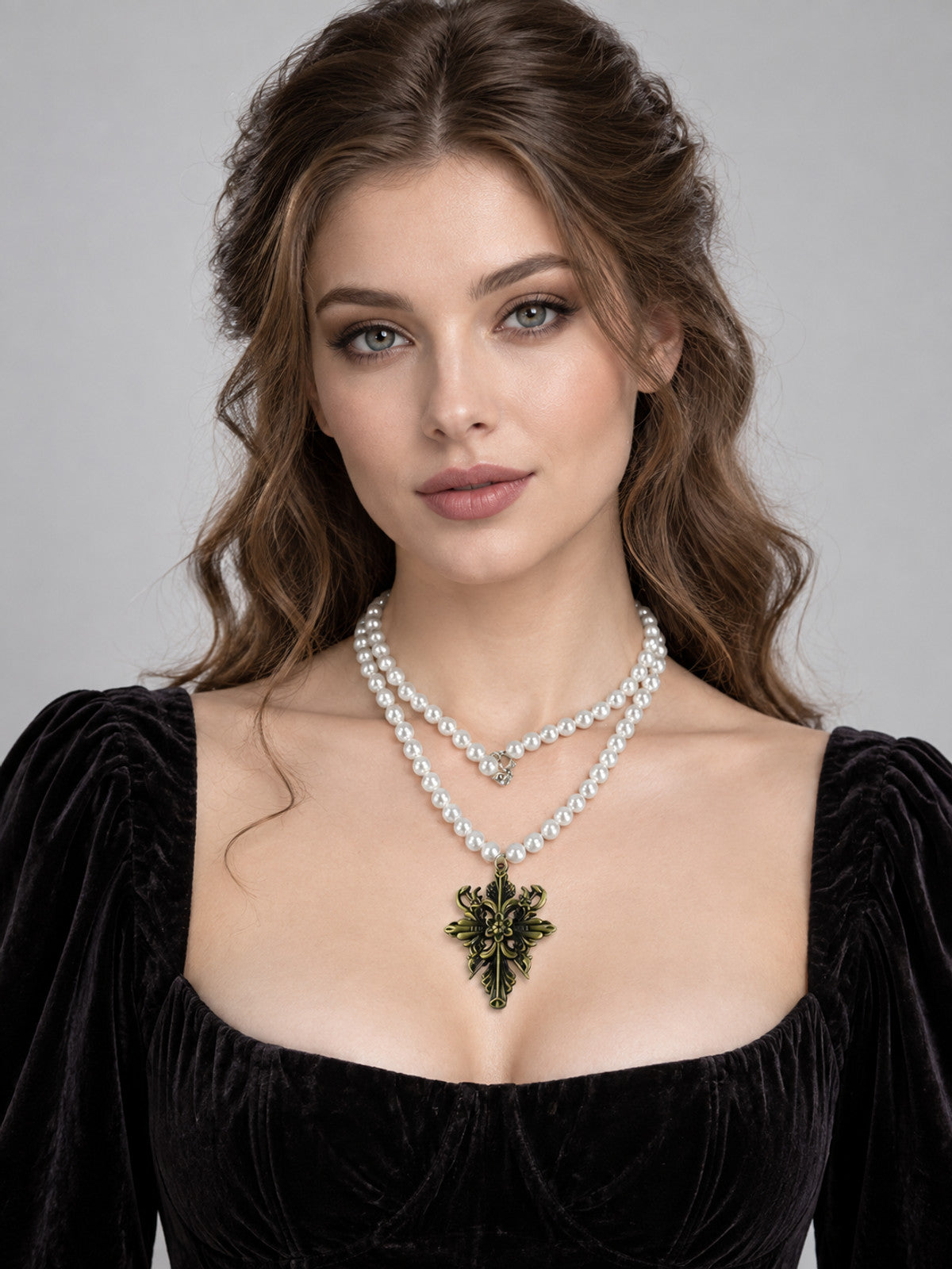 Two-Strand White Beaded Necklace with Bronze Cross