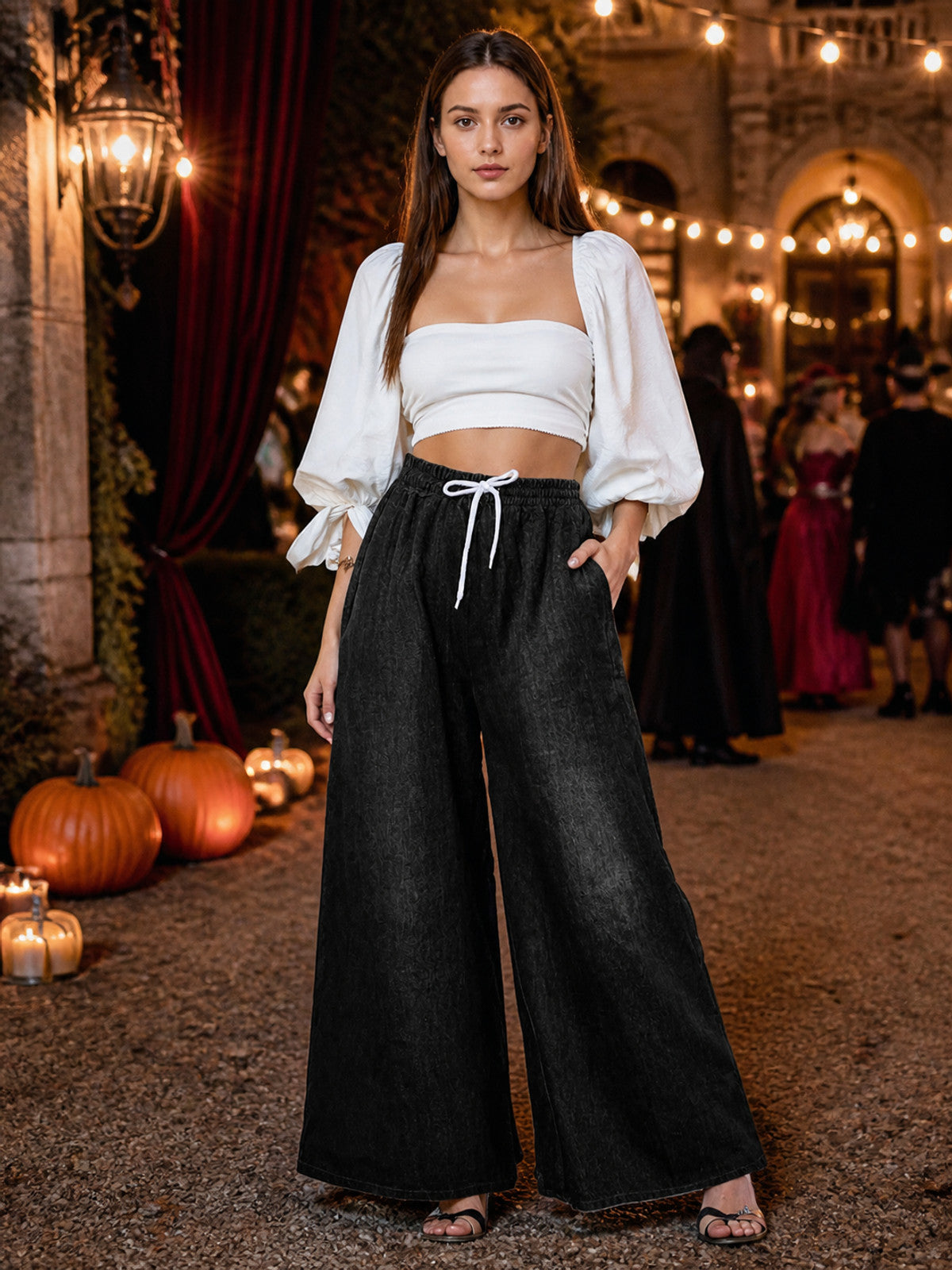 Solid Black Wide-Leg Pants with Elastic Waist and Contrast White Drawstrings