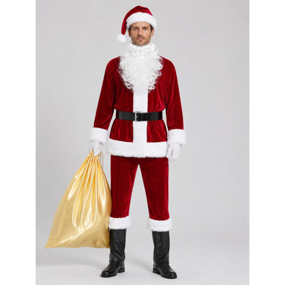 Santa Claus Costume with Bag, Beard, and Gloves on-model view