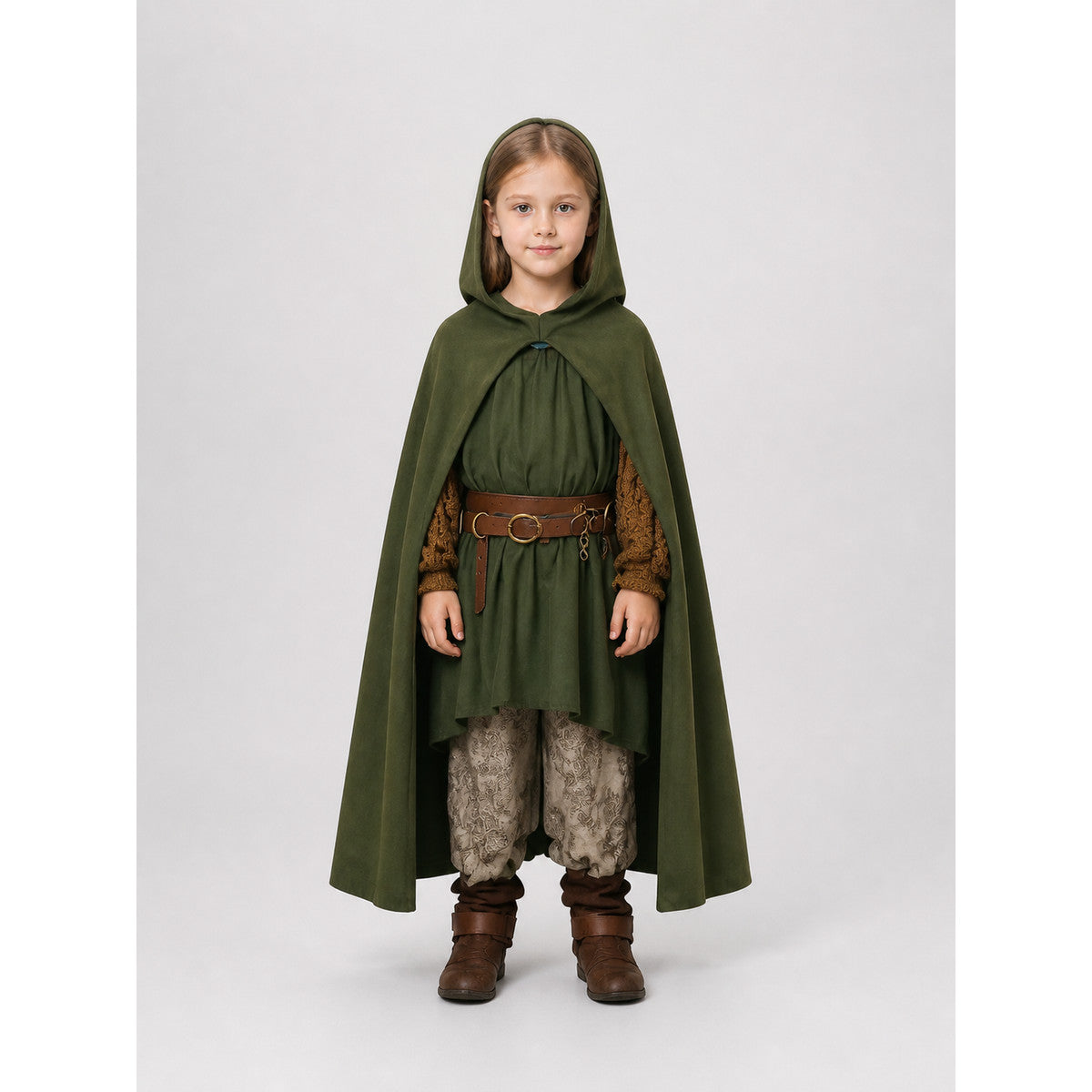 Long hooded cloak cape, dark green, children's on-model view