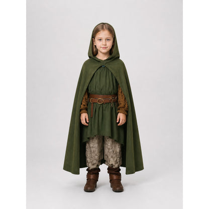 Long hooded cloak cape, dark green, children's on-model view