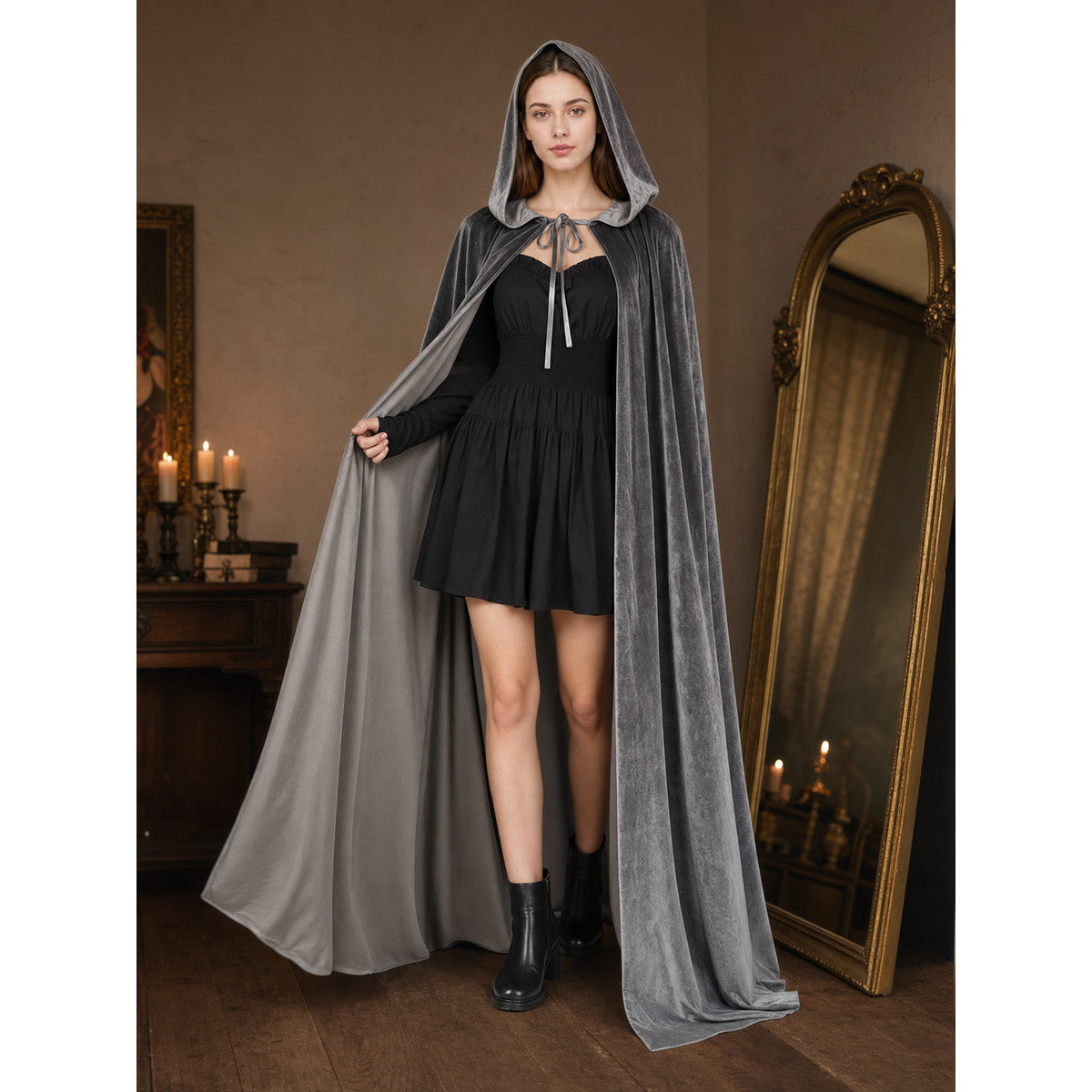 Gray Hooded Long Costume Cape