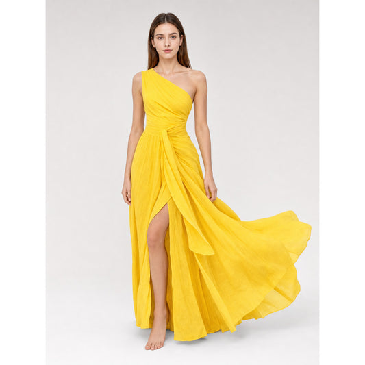 Yellow Chiffon One-Shoulder Evening Dress