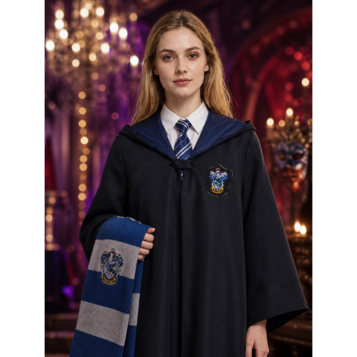 Kids Wizard Robe Costume Set with Striped Scarf and Tie on-model view