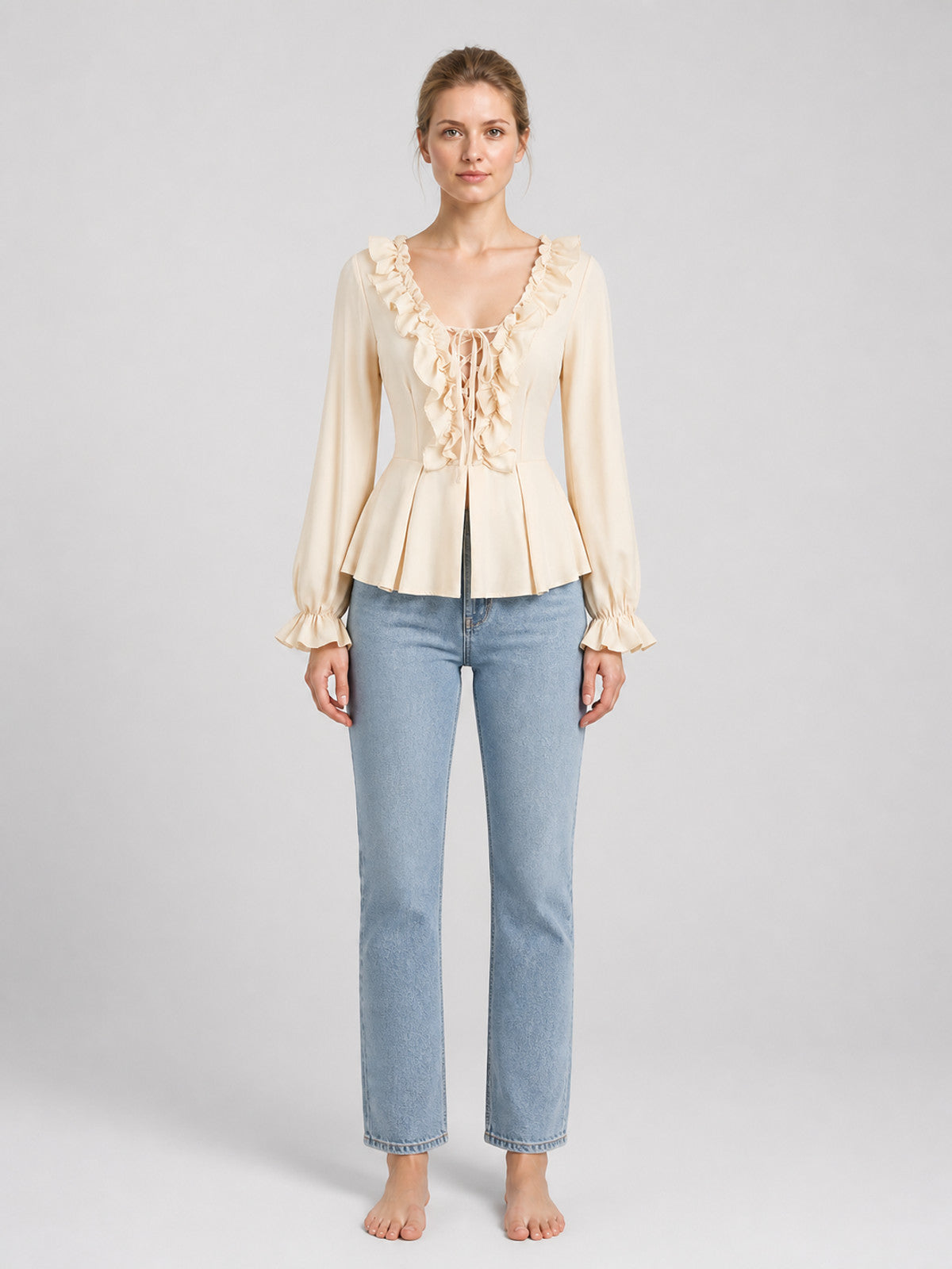Cream Ruffled Lace-Up Renaissance Blouse on-model view