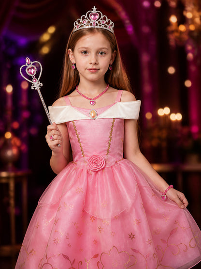 Girls Princess Aurora Dress Costume Set with Crown and Magic Wand, Pink Tutu on-model view