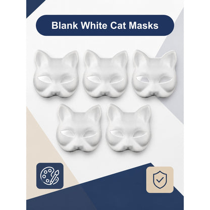 Five blank white cat face masks with pointed ears and oval eye cutouts, laid out on a light background