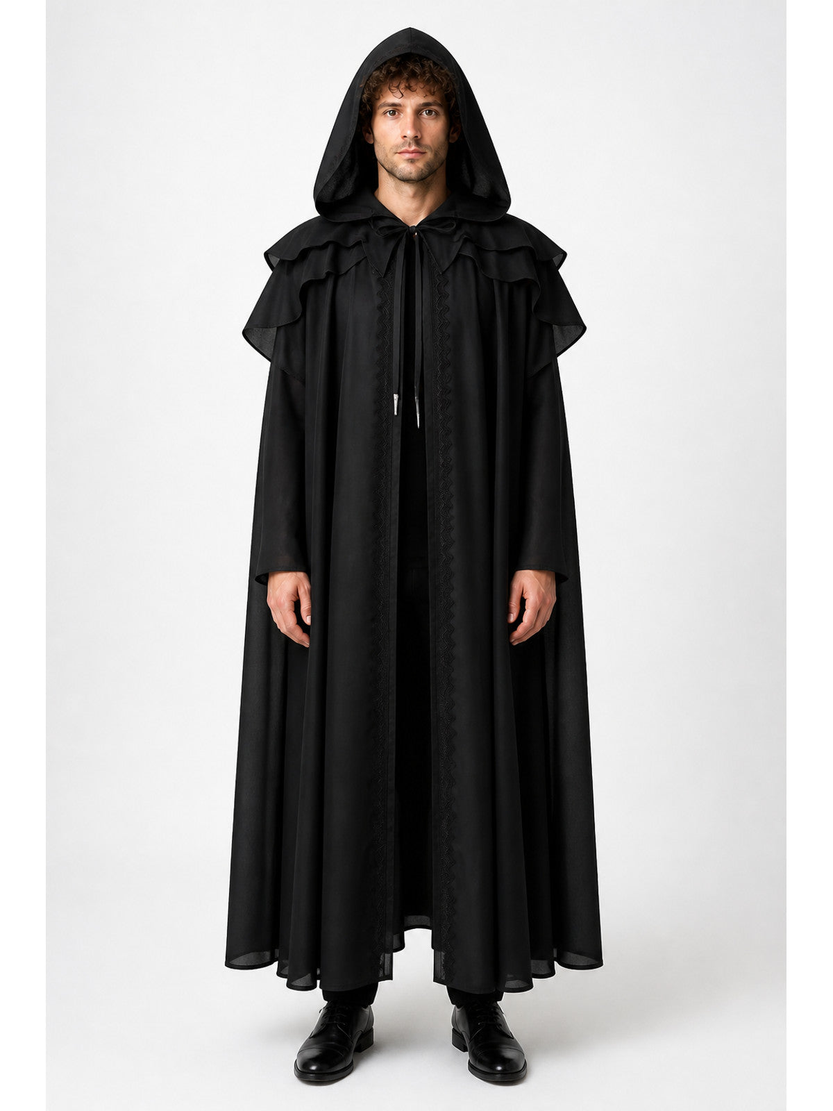 Black Medieval Hooded Cape with Ruffles main product view