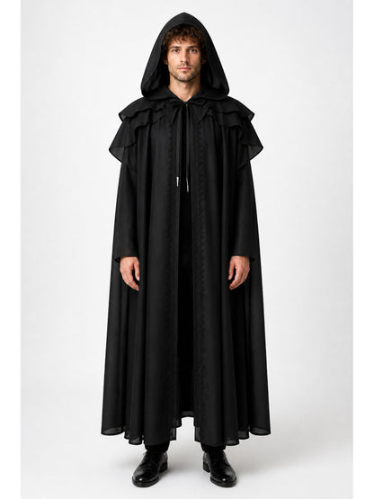 Black Medieval Hooded Cape with Ruffles main product view