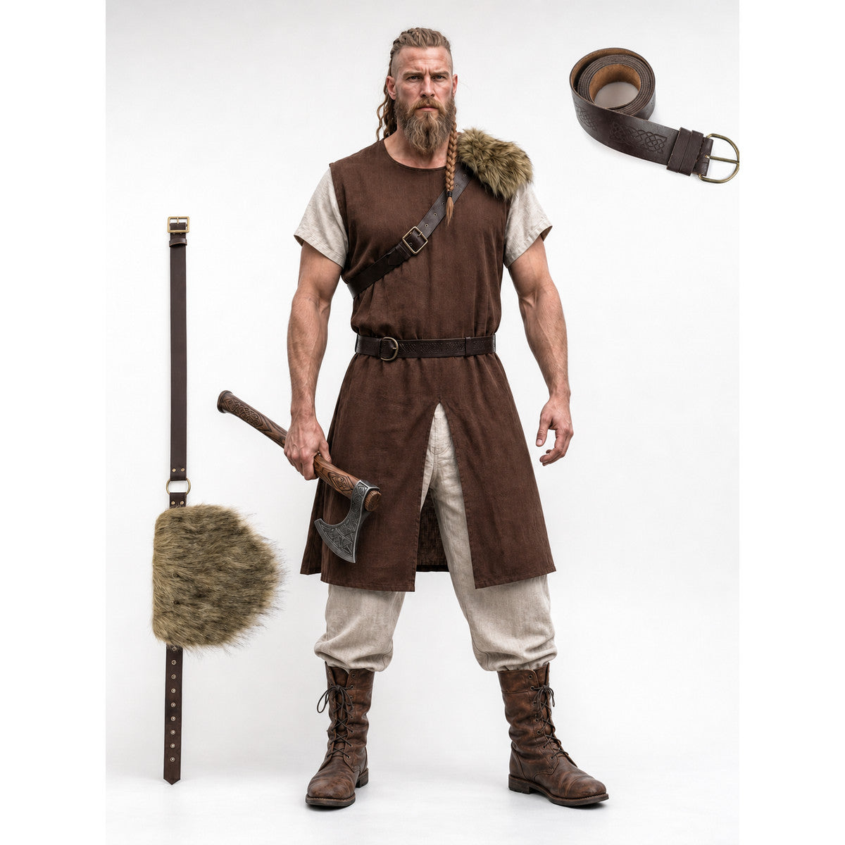 Brown sleeveless tunic with fur shoulder trim, cross-body strap, belt, light trousers and boots on a full-body model with an axe
