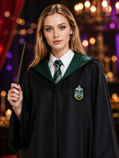 Slytherin Wizard Robe and Tie Costume Set with Hooded Cloak on-model view