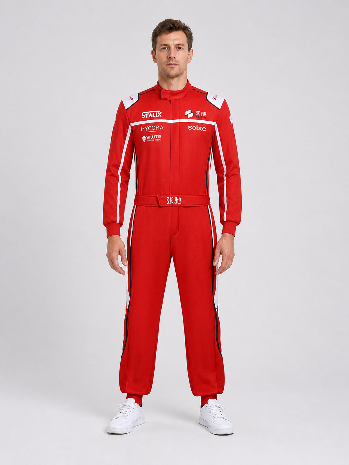 Red, White, and Black Racing Jumpsuit for Cosplay on-model view