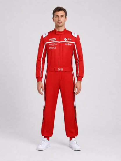 Red, White, and Black Racing Jumpsuit for Cosplay on-model view