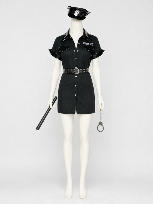 Women's Police Officer Costume Set with Hat, Belt, Handcuffs and Baton on-model view