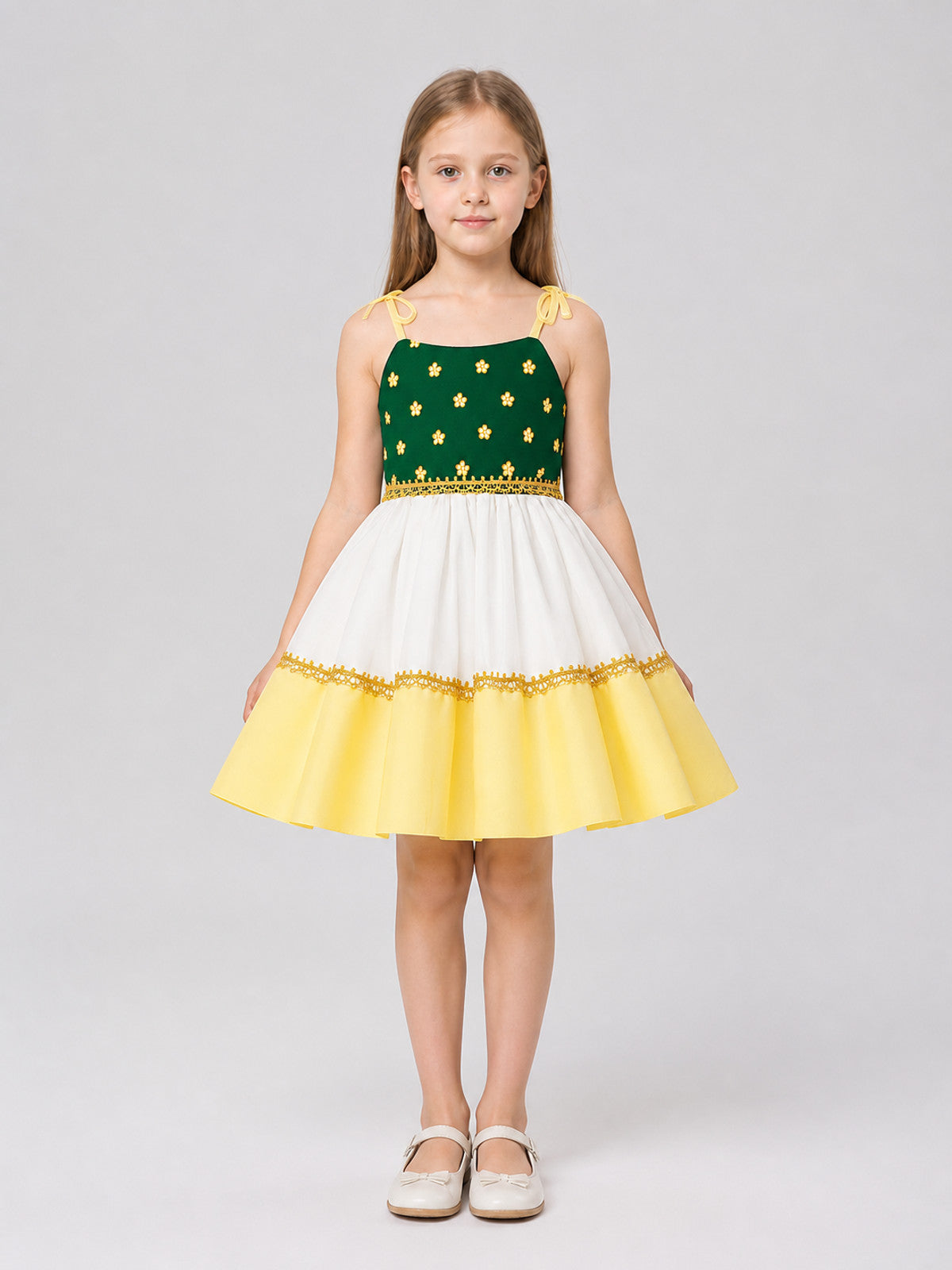 Festive Dress with Floral Print and Full Skirt on-model view