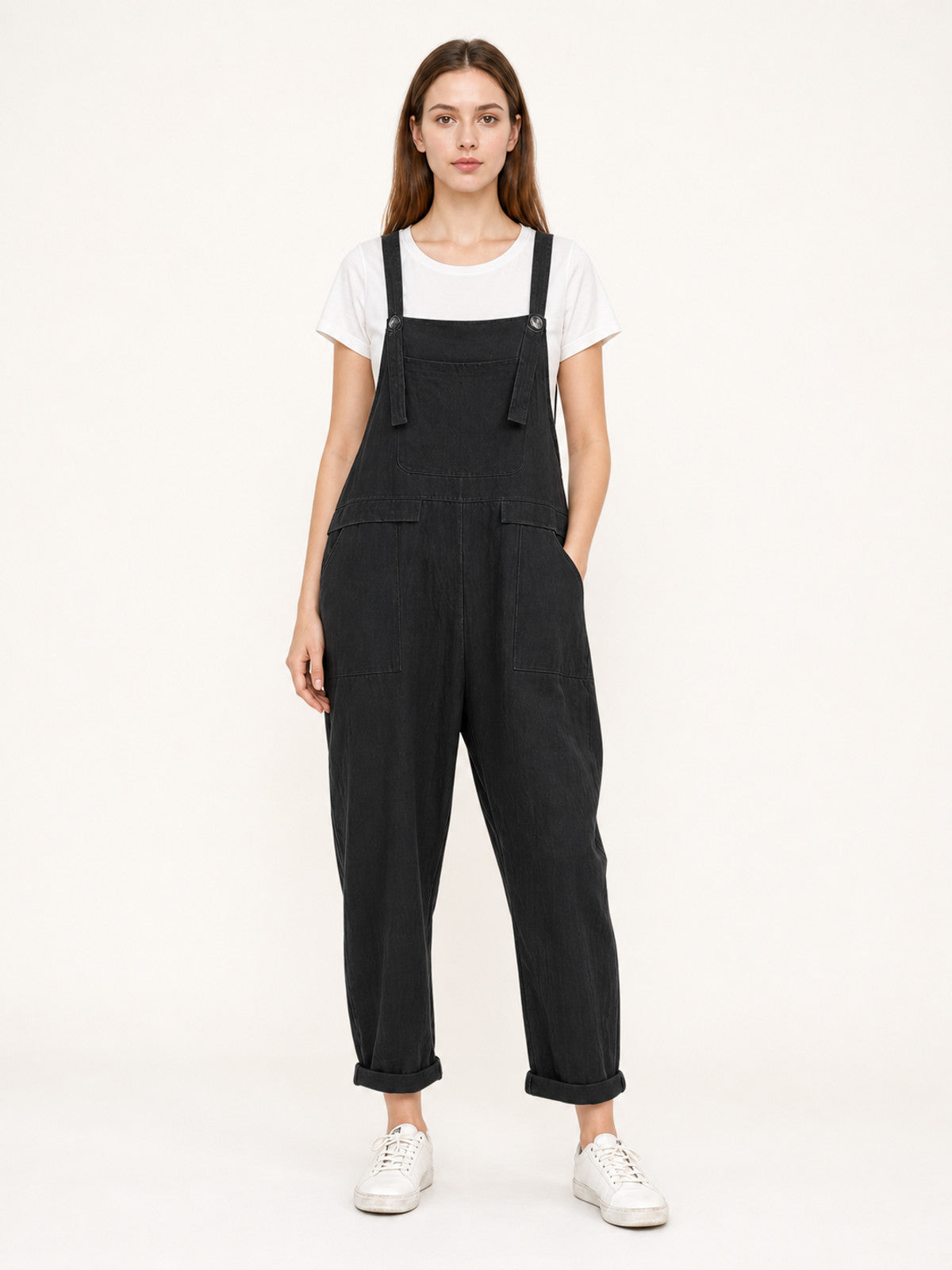 Black Bib Overalls, Loose Fit Long Pants with Chest and Side Pockets, Folded
