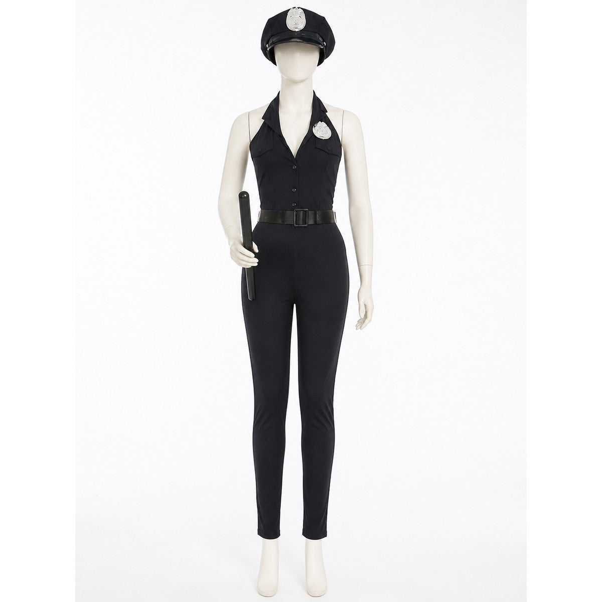 Women's Adult Police Officer Cosplay Costume Set, Black Jumpsuit With Hat, Belt on-model view