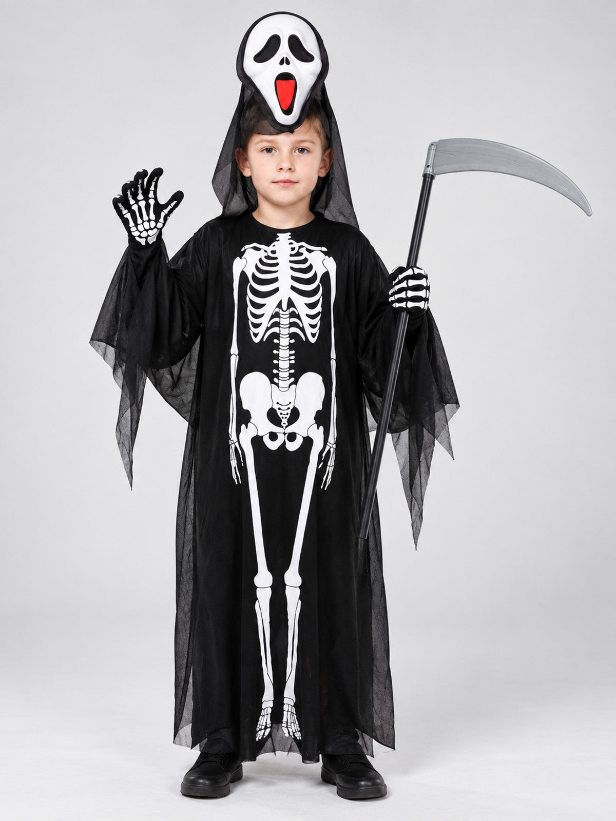 Skeleton Costume with Mask and Props on-model view