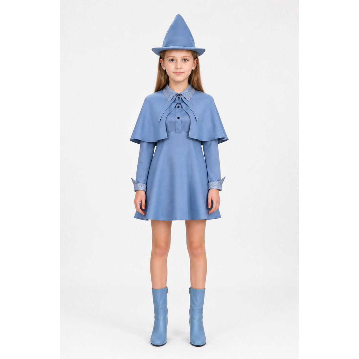 Blue witch costume dress with short cape and pointed hat, front view