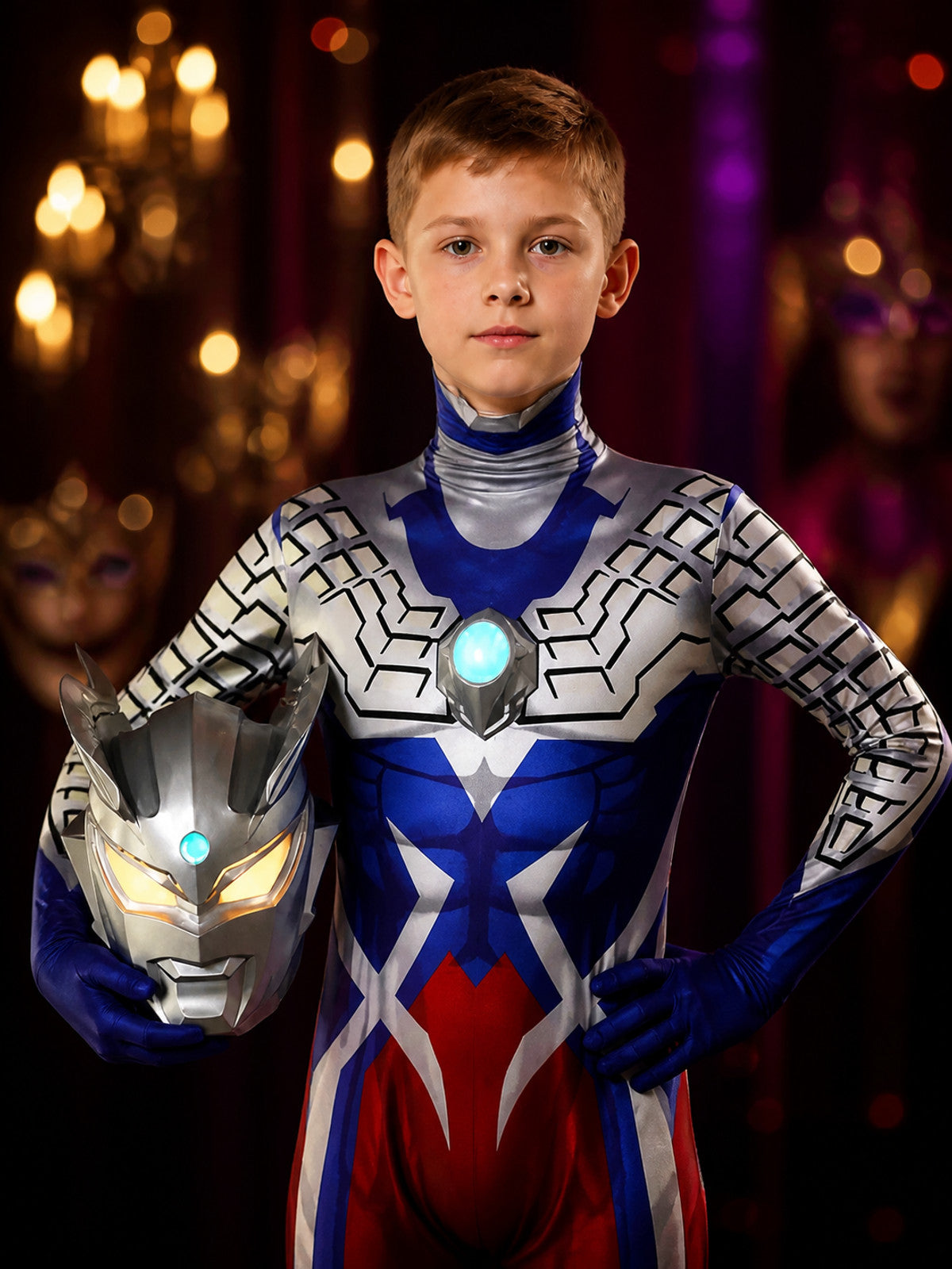 Silver Blue Red Superhero Bodysuit Costume With Helmet, Light-Up Details on-model view