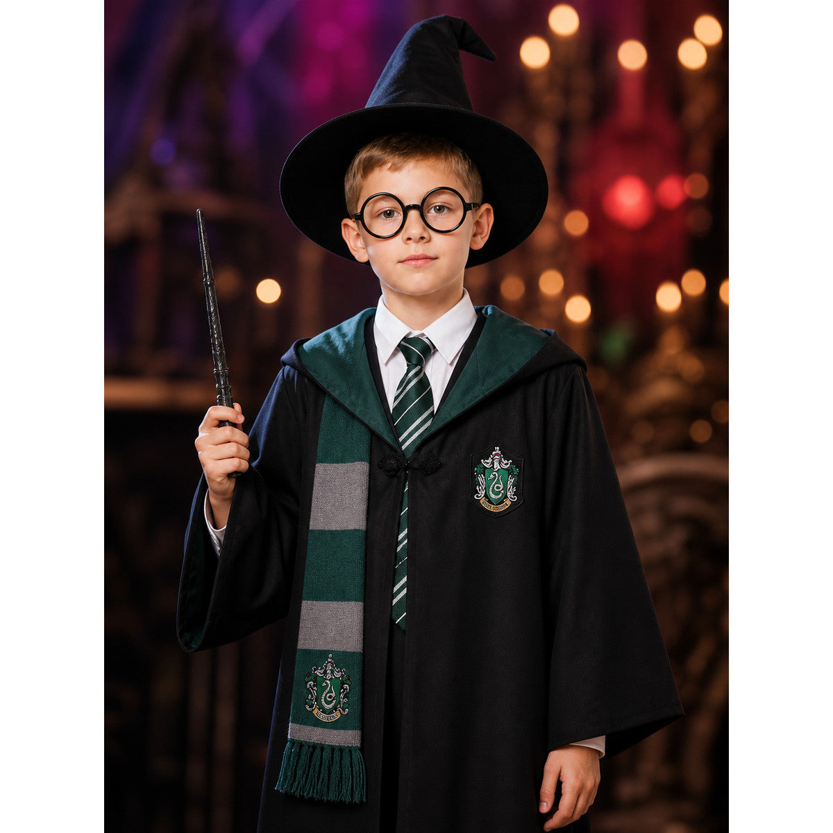 Kids Slytherin Wizard Robe Costume Set with Green Tie, Scarf, Pointed Hat, Black on-model view