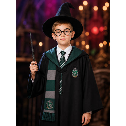 Kids Slytherin Wizard Robe Costume Set with Green Tie, Scarf, Pointed Hat, Black on-model view