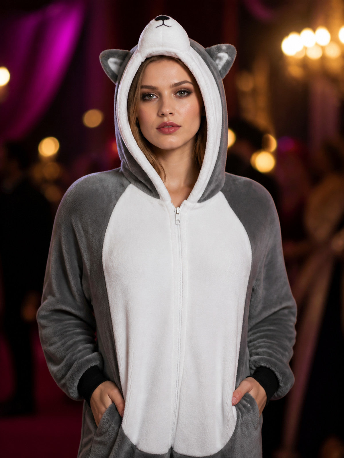 Gray Husky Animal Onesie Costume, Hooded Zippered Cartoon Jumpsuit on-model view