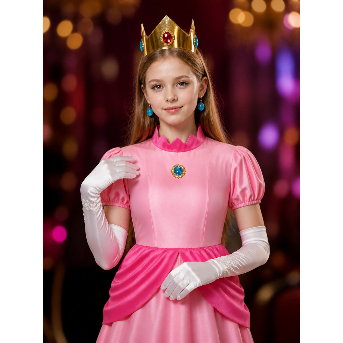 Kids Peach Princess Dress Costume Set, Halloween Cosplay Outfit with Crown on-model view