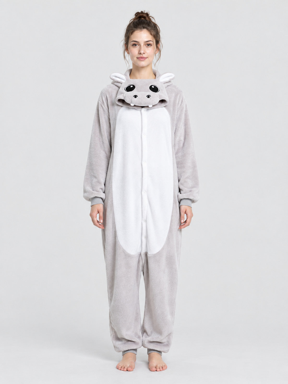 Hooded Pajama Jumpsuit with Animal Face, Light Gray