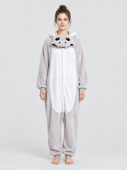 Hooded Pajama Jumpsuit with Animal Face, Light Gray