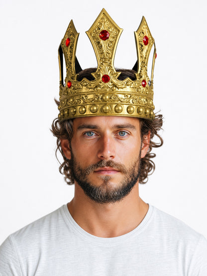 Gold ornate crown with red stones, shown front-facing on a man wearing a white T-shirt
