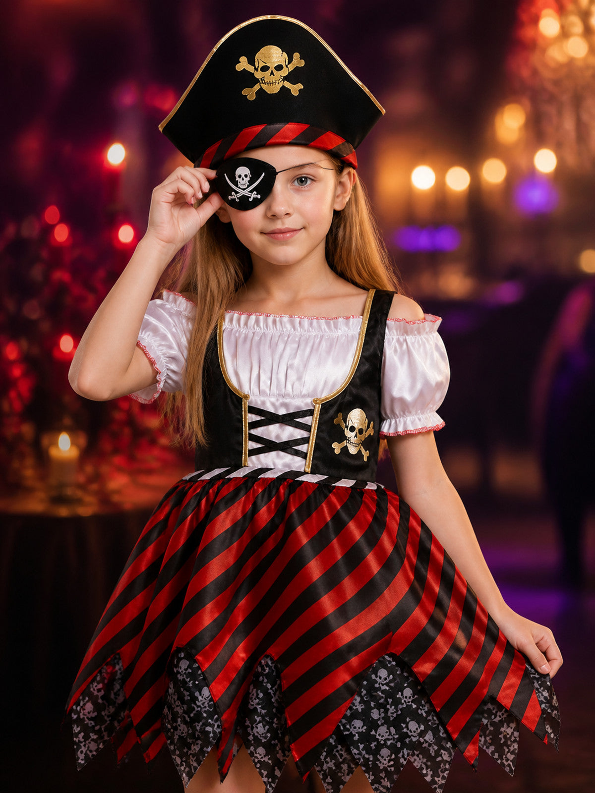 Girl's Caribbean Pirate Costume Set with Skull Print Striped Dress, Hat and Eye on-model view