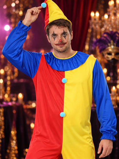 Clown Costume: Red and Yellow Jumpsuit, Cone Hat