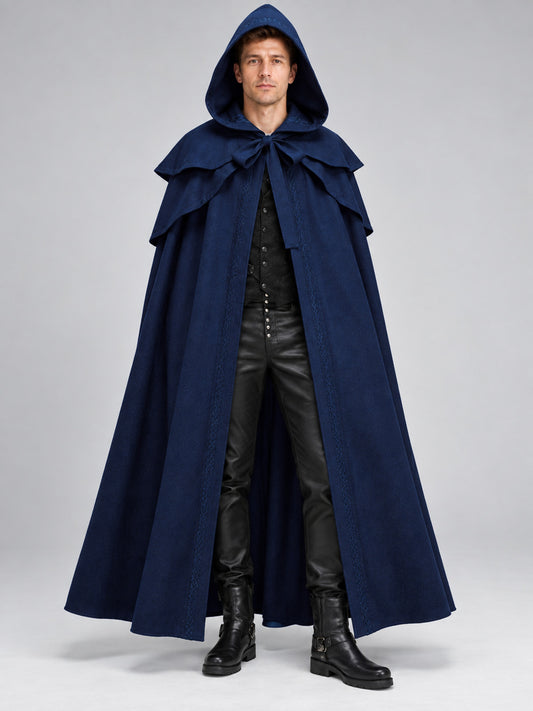 Long Dark Blue Hooded Cloak Cape for Cosplay