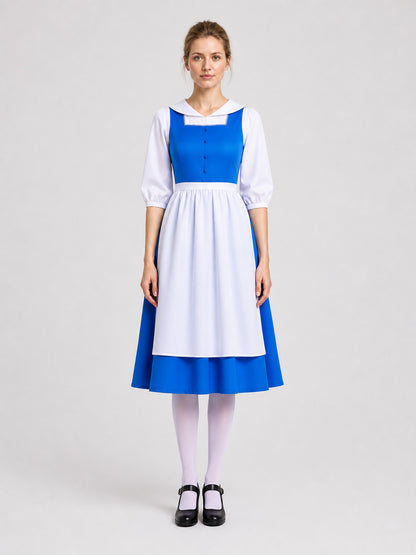Alice cosplay dress, blue and white, with apron on-model view
