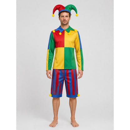 Clown Costume with Striped Shorts and Hat on-model view
