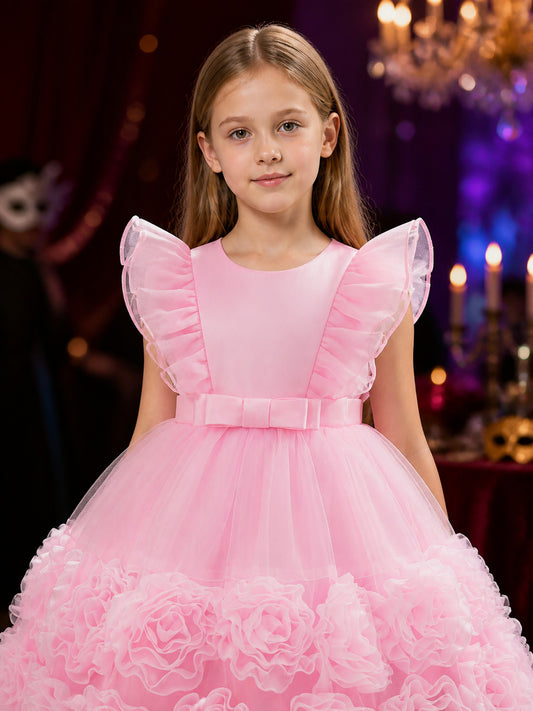 Toddler Girls' Pink Princess Party Dress With Puff Sleeves, Bow And Layered on-model view