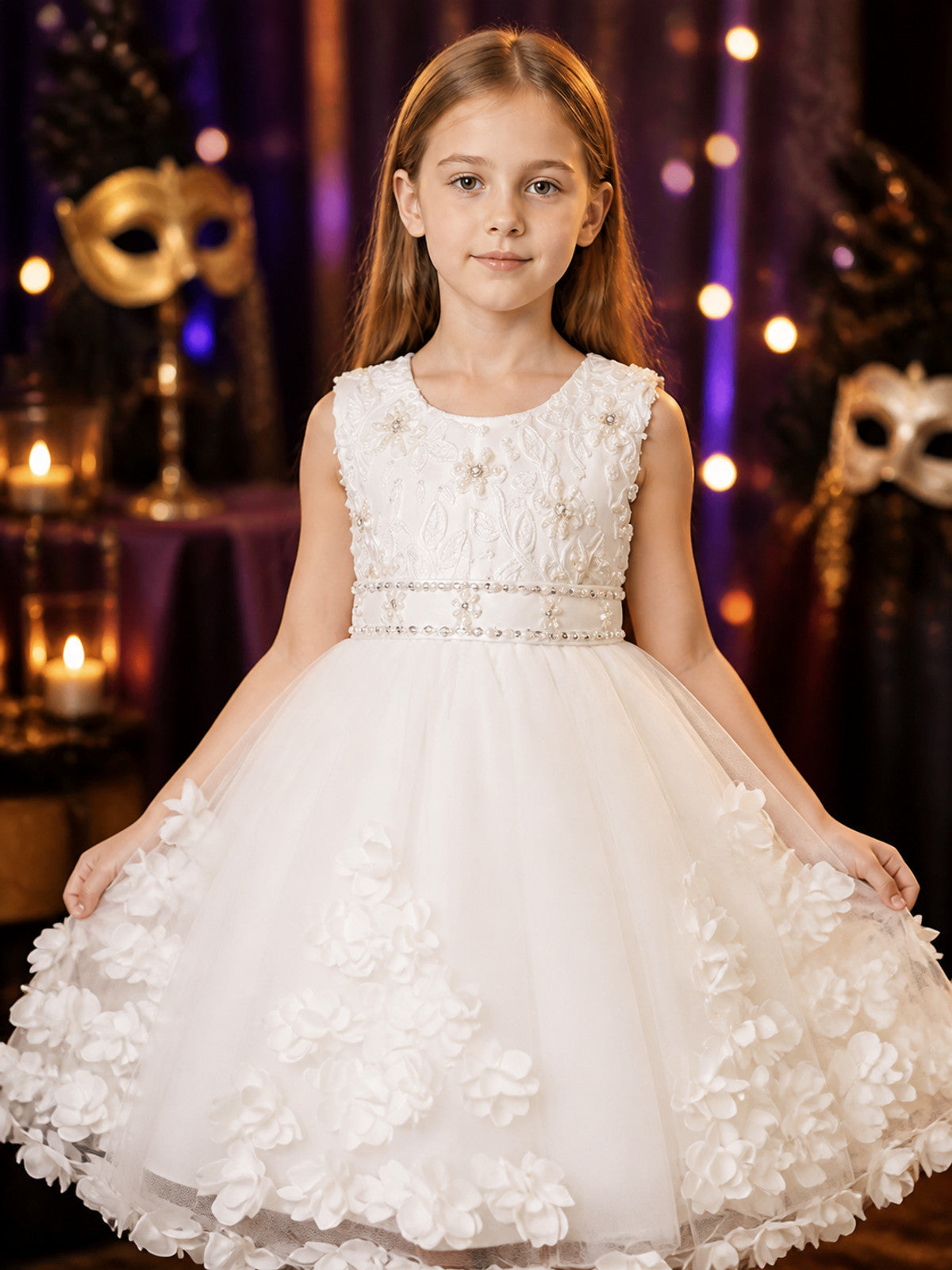 Toddler Girls' White Princess Dress with Floral Embroidery, Beaded Waist and